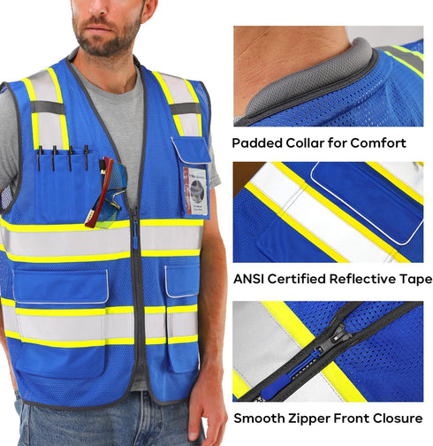 Reflective Safety Vest, Blue Mesh, High Visibility with Pockets and Zipper, Padded Neck, Blue with Yellow Trim