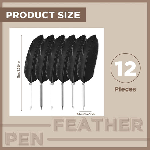 Chinco 12 Pcs Feather Ballpoint Pen Ink Quill Ballpoint Pen Vintage Feather Pen Soft Fluffy Pen Wedding Signing Pen for School Office Wedding Bridal Party Supplies, 10.6 Inches in Length (Black) by Chinco