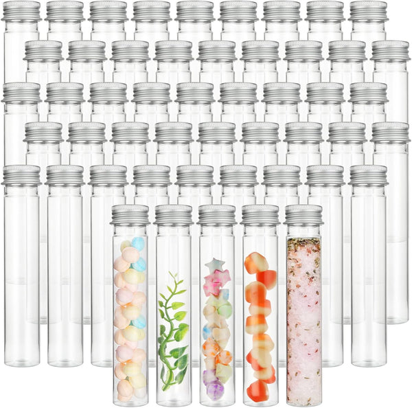 50 Pack Clear 65ML Plastic Test Tubes with Screw Caps for Candy, Bath Salts, Spices, and Party Favors