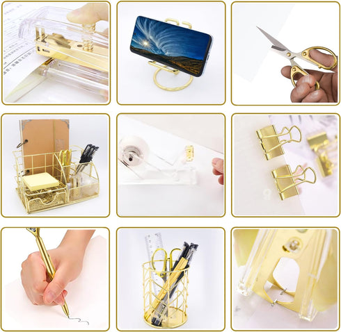 Gold Desk Organizers and Accessories, 13PS Set with Acrylic Stapler, Tape Dispenser, Pen Holder, Office Supplies