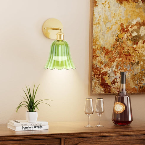 merloly 10000mAh Large Battery Operated Wall Sconce with Green Tulip Glass Lampshade Wireless Sconces Rechargeable