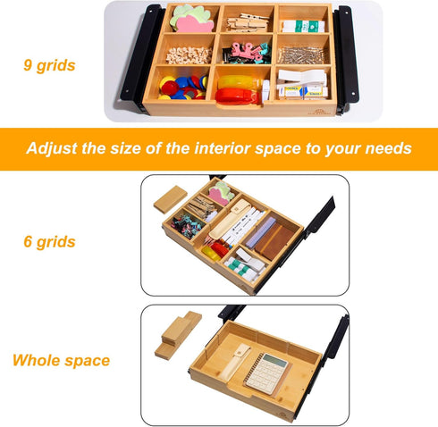 Under Desk Bamboo Drawer with U-Shaped Hollow Panel, Adjustable Space Storage Organizer for Sit Stand Workstation