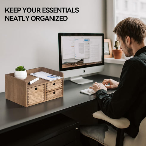 KIRIGEN Desk Organizer with 3 Drawers, Dark Brown Wooden Storage Box for Office Supplies and Toiletries