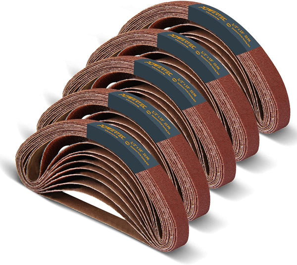 POWERTEC 1/2 x 18 Inch Sanding Belts, 50PK, Aluminum Oxide Belt Sander Assortment for Woodworking, Metal Polishing