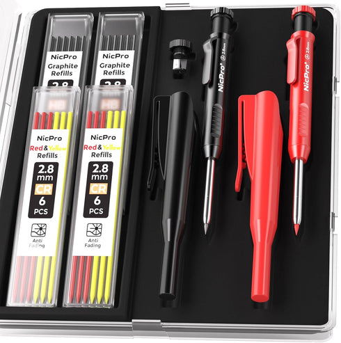 Nicpro 2Pack Carpenter Pencil with Sharpener - Mechanical Pencils with 26 Refills for Heavy Duty Woodworking