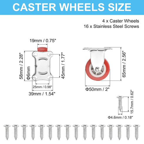 2" 4 Pack 132Lbs PATIKIL Rigid Caster Wheels, Silent Fixed Plate Casters with Screws Each Load Capacity for Furniture