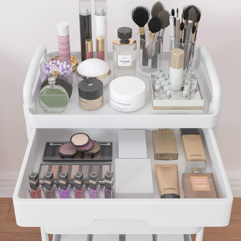 Calmootey 5-Tier Rolling Utility Cart with Drawer, Multifunctional Storage Organizer with Plastic Shelf & Metal Wheels,