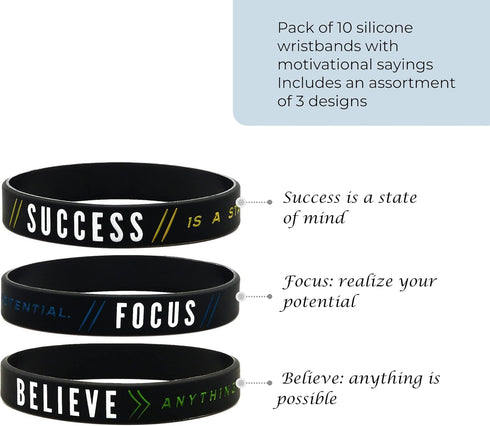 Inkstone - 10-Pack - Success, Focus, Believe Motivational Silicone Rubber Wristbands Bulk Pack in Unisex Adult Size for Teens Men Women - Wholesale Business Fitness Inspirational Gifts Lot