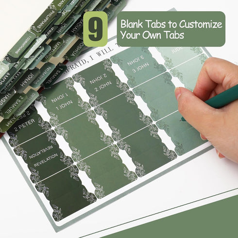 JarThenaAMCS 75Pcs Laminated Bible Tabs Greenery Index Tabs Green Leaves Large Print Neutral Blank Tab for Bible