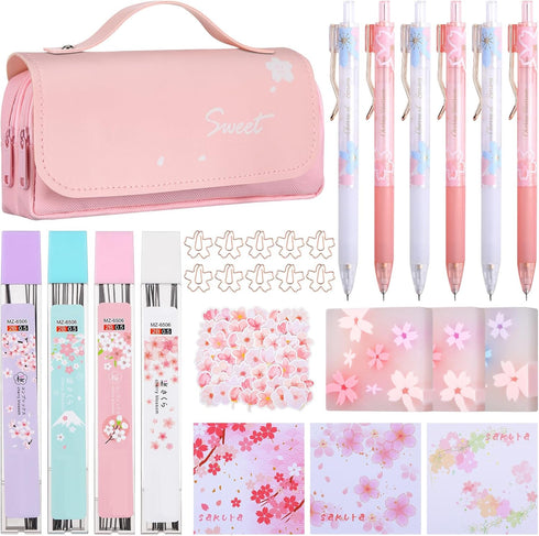 Crtiin 74 Pcs Kawaii Cherry Blossom Stationery Set, Mechanical Pencil, Cherry Erasers, Pencil Refill for School Office