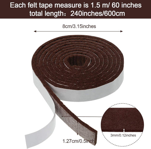 Zonon 4 Rolls 1/2 x 240 Inch Felt Strips with Adhesive Backing, Heavy Duty Polyester for Protecting Furniture and DIY