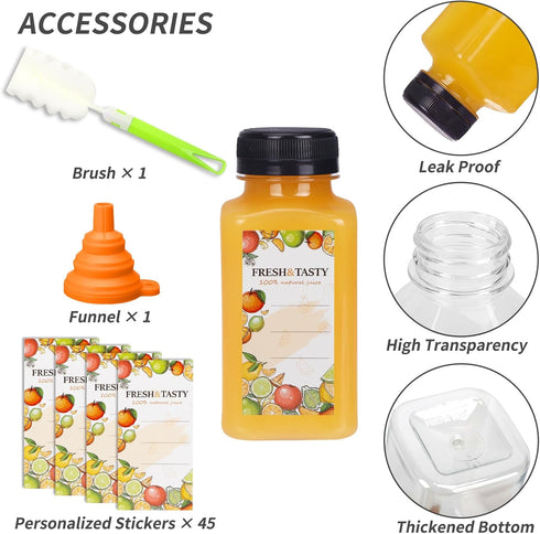 45pcs 8oz TOMNK Plastic Juice Bottles with Black Caps Empty Reusable Clear Bottles with Label, Funnel and Brush