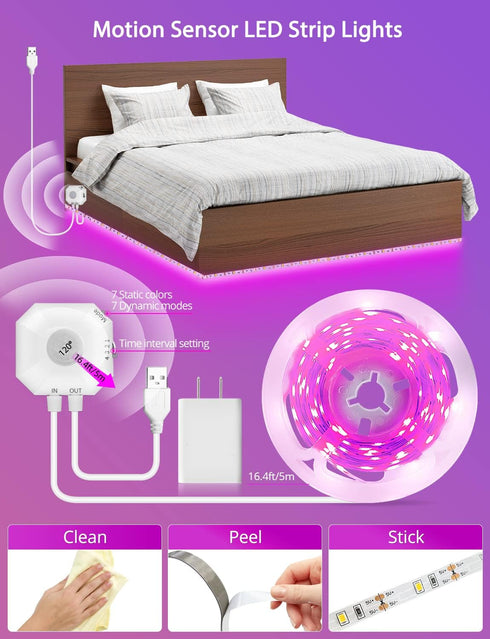 Closet, 16.4ft MATICOD Motion Sensor LED Strip Lights Indoor, Plug-in RGB Under Bed Lights for Bedroom, Under Cabinet