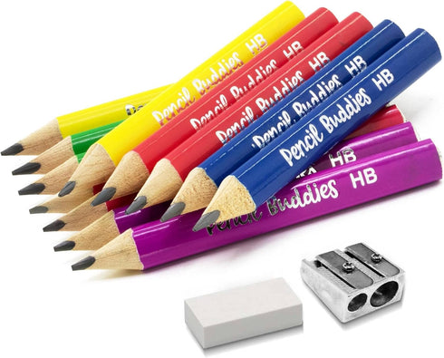 Short Jumbo Kids Pencils for Preschoolers, 12 Fat Pencils & 1 Sharpener & Eraser, Triangle Grip, Multicolor