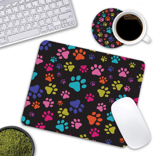Mouse Pad and Coasters Set - Multicolor Dog Paws Mouse Pad, Non-Slip Rubber Base for Office