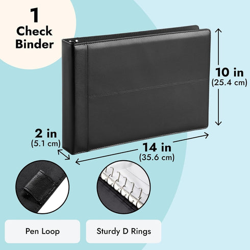 Juvale 7-Ring Business Check Binder for Checkbooks Organization, Black Faux Leather Folder for 600 Checks (14 x 10