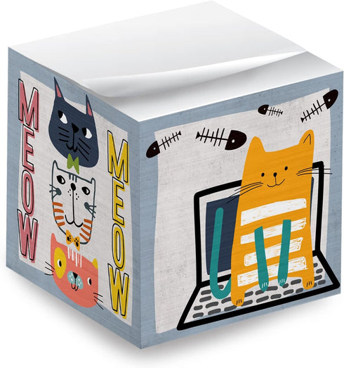 Whimsical Cats Sticky Note Cube, 600 Sheets, 2.75" Memo Block Printed on 4 Sides, Different Feline Design On Each Side
