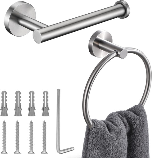 Brushed Nickel Toilet Paper Holder and Hand Towel Ring Set - 2 Pieces Bathroom Hardware Accessories