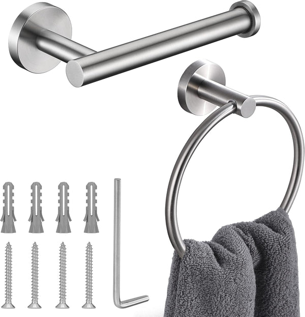 Brushed Nickel Toilet Paper Holder and Hand Towel Ring Set - 2 Pieces Bathroom Hardware Accessories