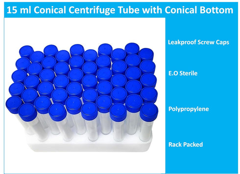 15 ml Conical Centrifuge Tube with Leakproof Screw Caps, Sterile, Pack of 50