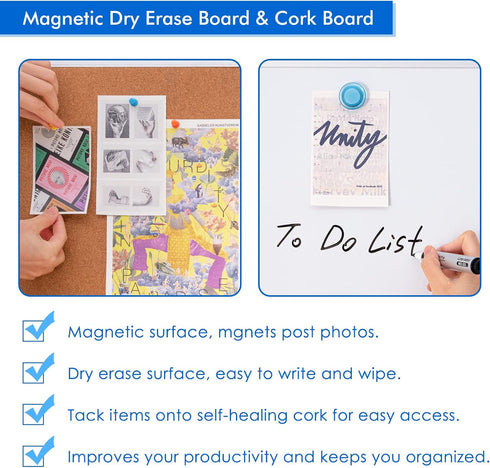Magnetic White Board and Cork Board Combo, 24 x 18 Inches, Wall Mounted Dry Erase Bulletin Board for Home, School,