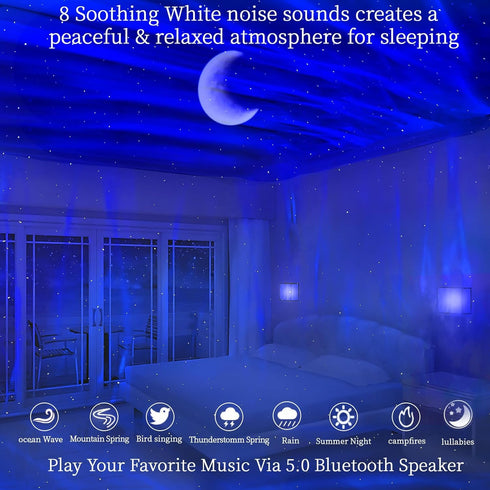 60+ Aurora Northern Lights Projector: Light Effects White Noise Stars Sky Moon Lights for Bedroom Bluetooth Remote