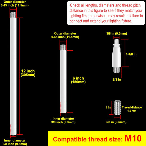 M10 180 Threaded Extension Poles Lighting Fixture Downrods Stems & Degrees Sloped Ceiling Adapter Kits for Pendant