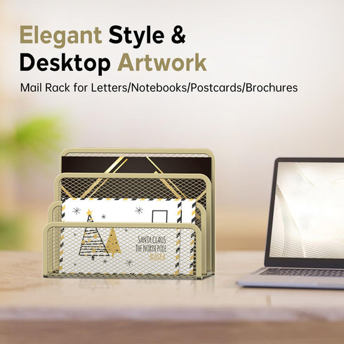 SUPEASY Mail Organizer - Desktop File Holder with 3-Slot, Metal Mesh for Countertop, Yellow