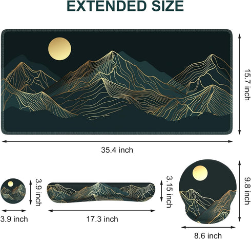 iCasso Large Mouse Pad - 4in1 XXL Mousepad + Keyboard Wrist Rest + Coaster Set, Ergonomic Design (Cyan-Mountain)