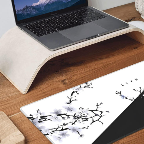Japanese Life Death Keyboard Mat, Black White Anime Gaming Mouse Pad with Anti-Slip Rubber Base, Sakura Pagoda Sun
