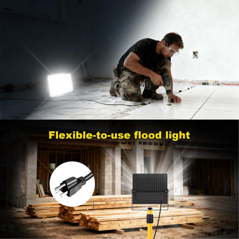 100W 15000lm 5000K IP65 2 Pack AC100-120V Flood Lights Outdoor, Bright LED Work Light with Plug, Daylight White Outdoor