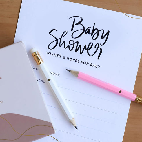 Markt Mini Pencils for Bridal Shower Games, White and Pink Baby Shower Pencils with Gold Foil Heart