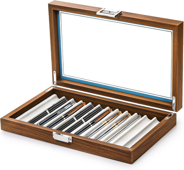 Yesland Black Walnut Wood Pen Display Box, 12 Slot Fountain Pen Organizer with Clear Glass Window, Luxury Pen