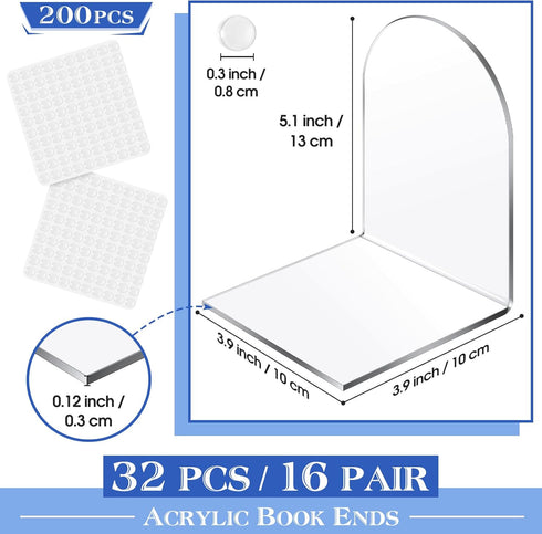 Leinuosen 32 Pcs Clear Acrylic Book Ends, Heavy Duty Non Skid Book Holders with Silicone Pad, Arch Shape for Books,