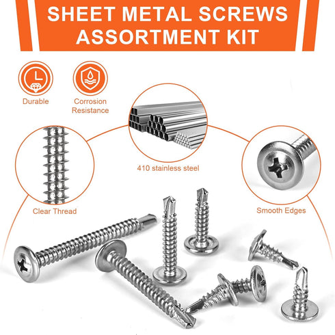 415pcs Premium Self Tapping Screw Assortment Kit, #8 & #10 Stainless Steel Screws, 1/2" to 2" Length