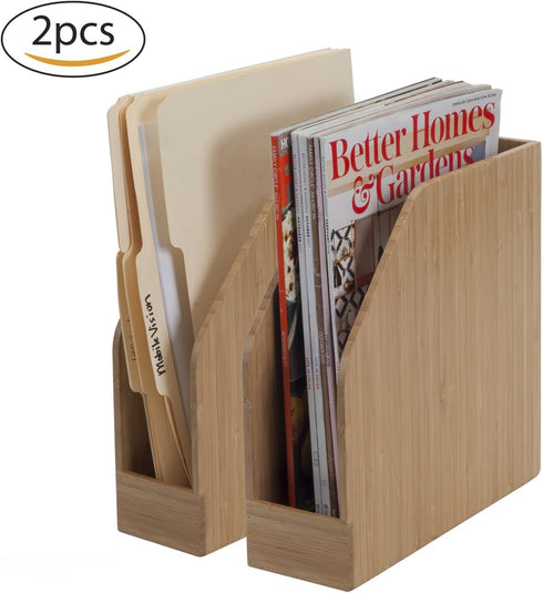 MobileVision Bamboo Vertical File Folder Holder & Office Organizer, Store Files, Magazines, Notepads, 2 Pack
