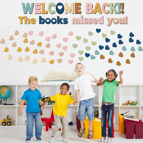 Chunnin Heart Reading Bulletin Board Decorations Set Boho Heart Border Cutout for Welcome Back to School Decor