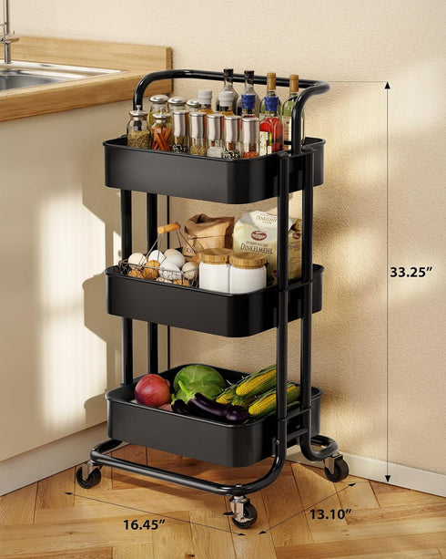 Pipishell 3 Tier Mesh Utility Cart, Rolling Metal Organization Cart with Handle and Lockable Wheels for Kitchen Living