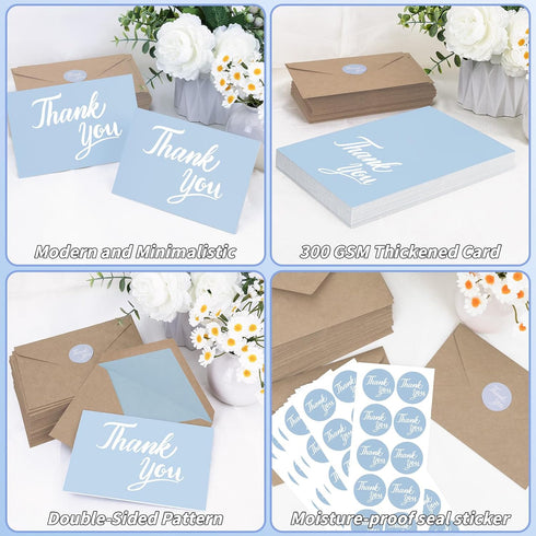 600 4x6 Inch Set Pcs Light Blue Thank You Cards Bulk with Kraft Envelopes and Stickers Blank Thank You Notes Box