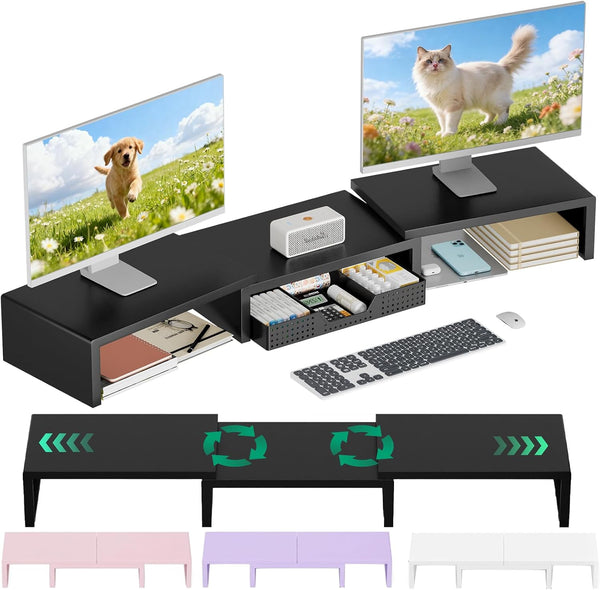 OPNICE Dual Computer Monitor Stand Riser, Desk Organizer with Drawer, Office Desk