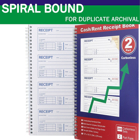 Gimehome 2-Part 7-5/8" 11" 200 Sets 4 Page(1pack) Money and Rent Receipt Book Carbonless x Spiral Bound per Book