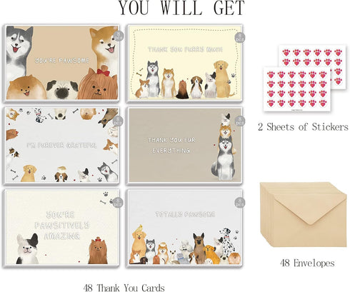 Spercy 48 Set, Pack 4 6 Dog Thank You Card Dog Pun Note Cards with Envelopes, Puppy Greeting Notecards Bulk, Cute Boxed