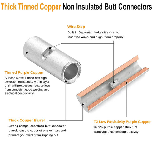 40 PCS 8 Gauge Non-Insulated Butt Connectors, Marine Grade Tinned Copper Butt Splice Terminals with Heat Shrink
