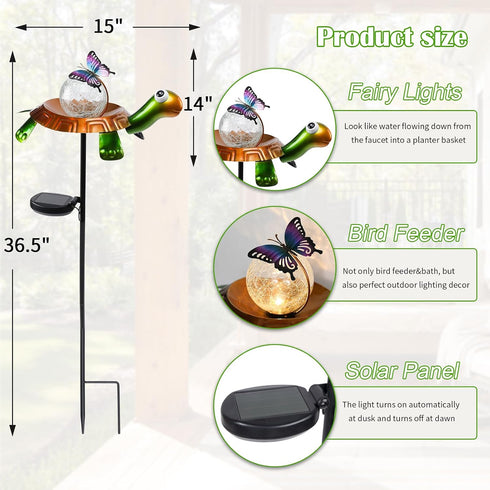 Afirst Solar Lights Outdoor Decorative Metal Turtle Crackle Glass Globe with Butterfly Warm White LED Metal Waterproof