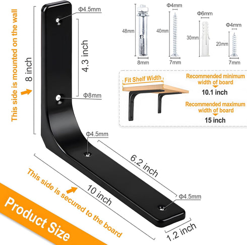 10" 8" Countertop 4 x Metal Shelf Brackets, Heavy Duty L Hanging Angle Brackets, Iron Wall Bracket for Support, Corner