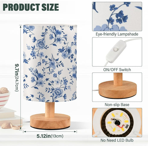 YETTASBIN Blue Wildflower Bedside Table Lamp, Small LED Desk Light USB Nightstand Lamp with Non Slip Wood Base
