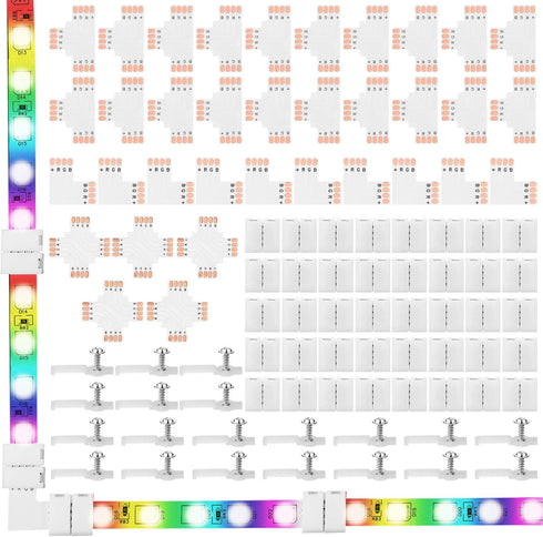 Mudder 95 Pieces 4 Pin LED Light Strip Connectors Set, Including Screw Clips, Cuttable T, L, and X Shape PCB Board