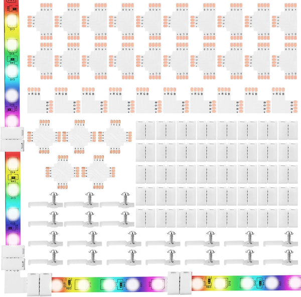Mudder 95 Pieces 4 Pin LED Light Strip Connectors Set, Including Screw Clips, Cuttable T, L, and X Shape PCB Board