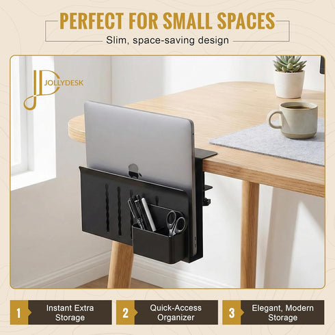 Desk Side Storage, Steel Side Desk Organizer, Clamp on Laptop Mount with Magnetic Pen Holder, No Drill Under Desk