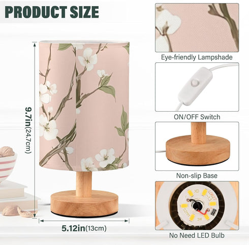 Sgaesgte Pink Floral LED Table Lamp, Bedside Lamp with Linen Lampshade, Flicker-Free Eye Care USB Plug in Nightstand